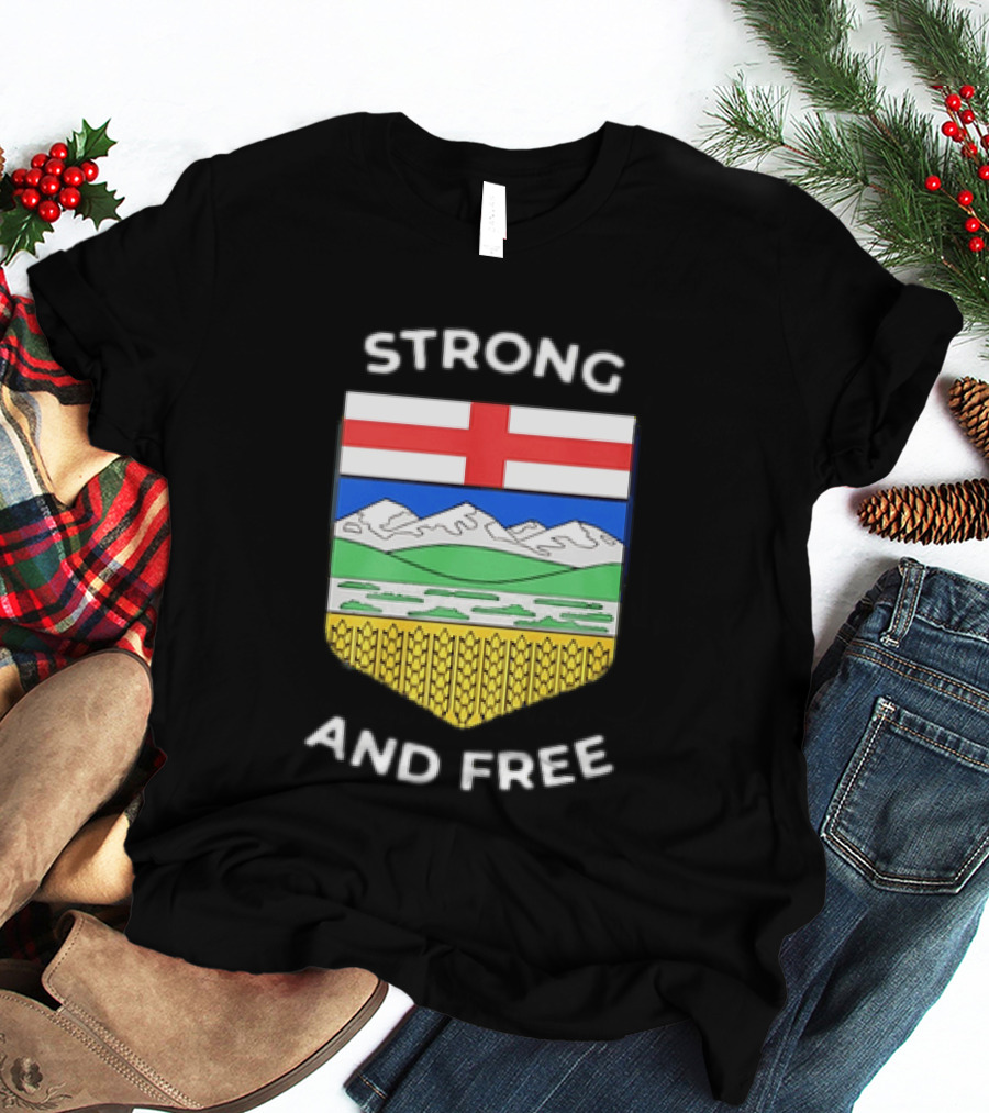 Alberta Canada Map Flag Strong And Free Crest And Wheat Sheaves T-Shirt