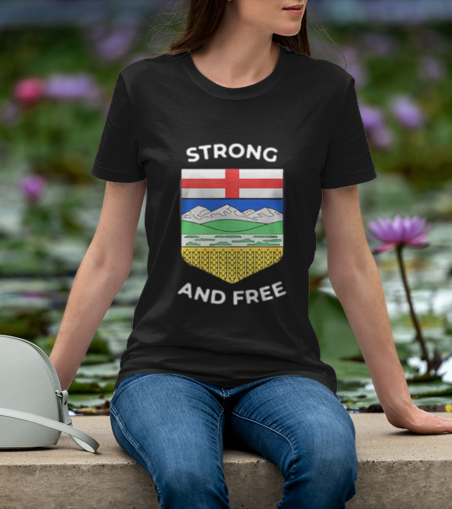 Alberta Canada Map Flag Strong And Free Crest And Wheat Sheaves T-Shirt