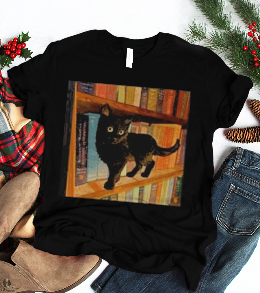 Black Cat On Bookshelf With Colorful Books T-Shirt
