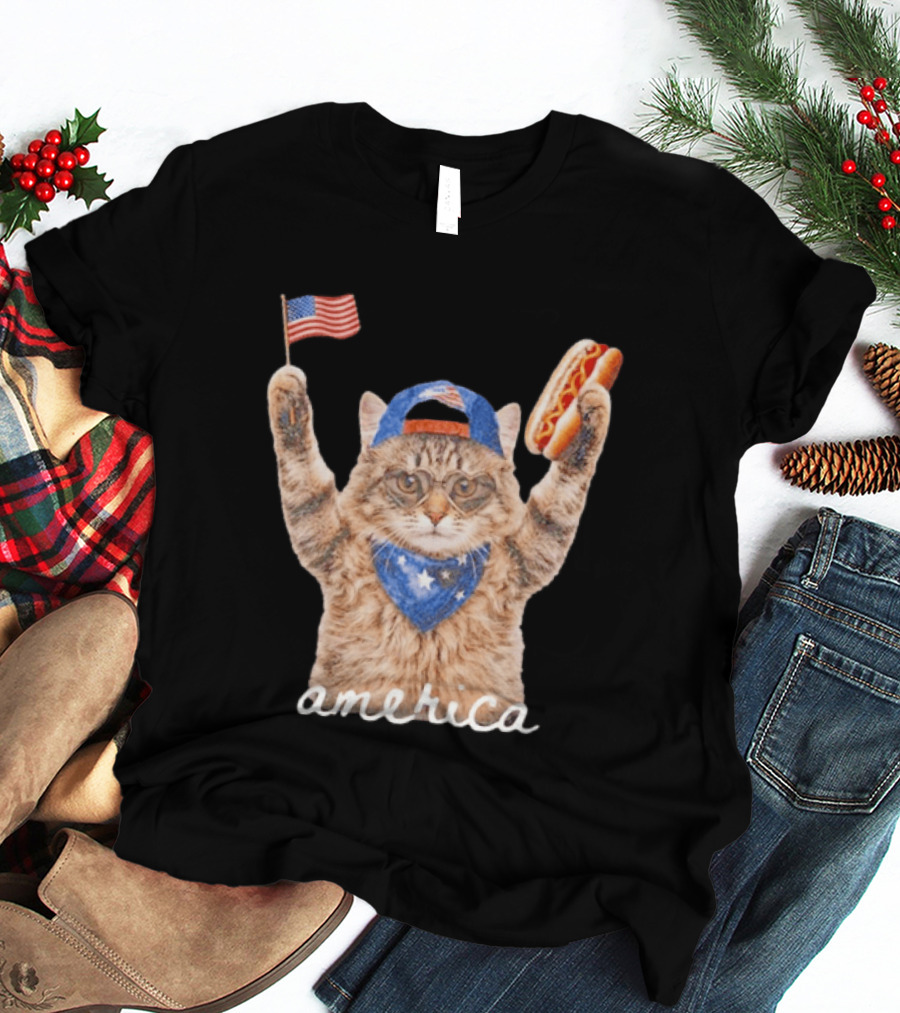 Patriotic Cat American Flag Hot Dog America Fourth Of July Celebration T-Shirt