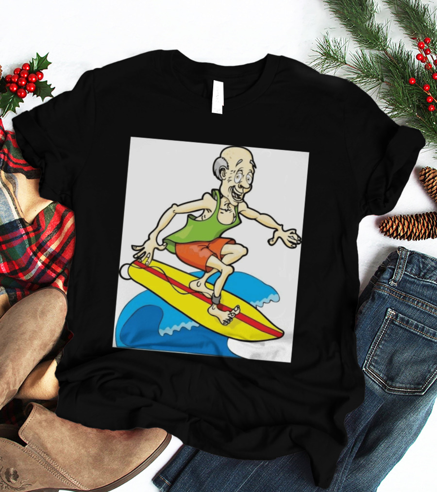 Retired Man Surfing Funny Cartoon Boomer On Yellow Board With Blue Waves T-Shirt