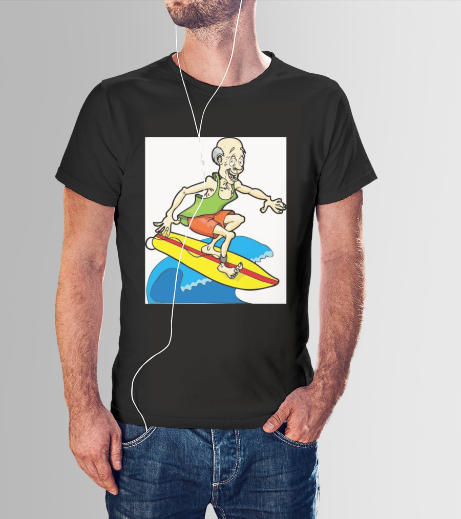 Retired Man Surfing Funny Cartoon Boomer On Yellow Board With Blue Waves T-Shirt