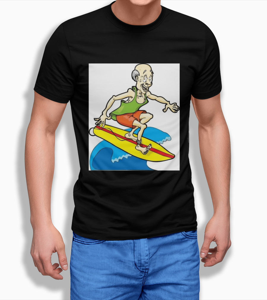 Retired Man Surfing Funny Cartoon Boomer On Yellow Board With Blue Waves T-Shirt