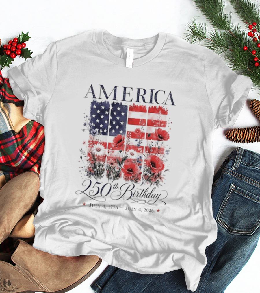 America 250th Birthday July 4 1776 2026 Floral Flag T-Shirt