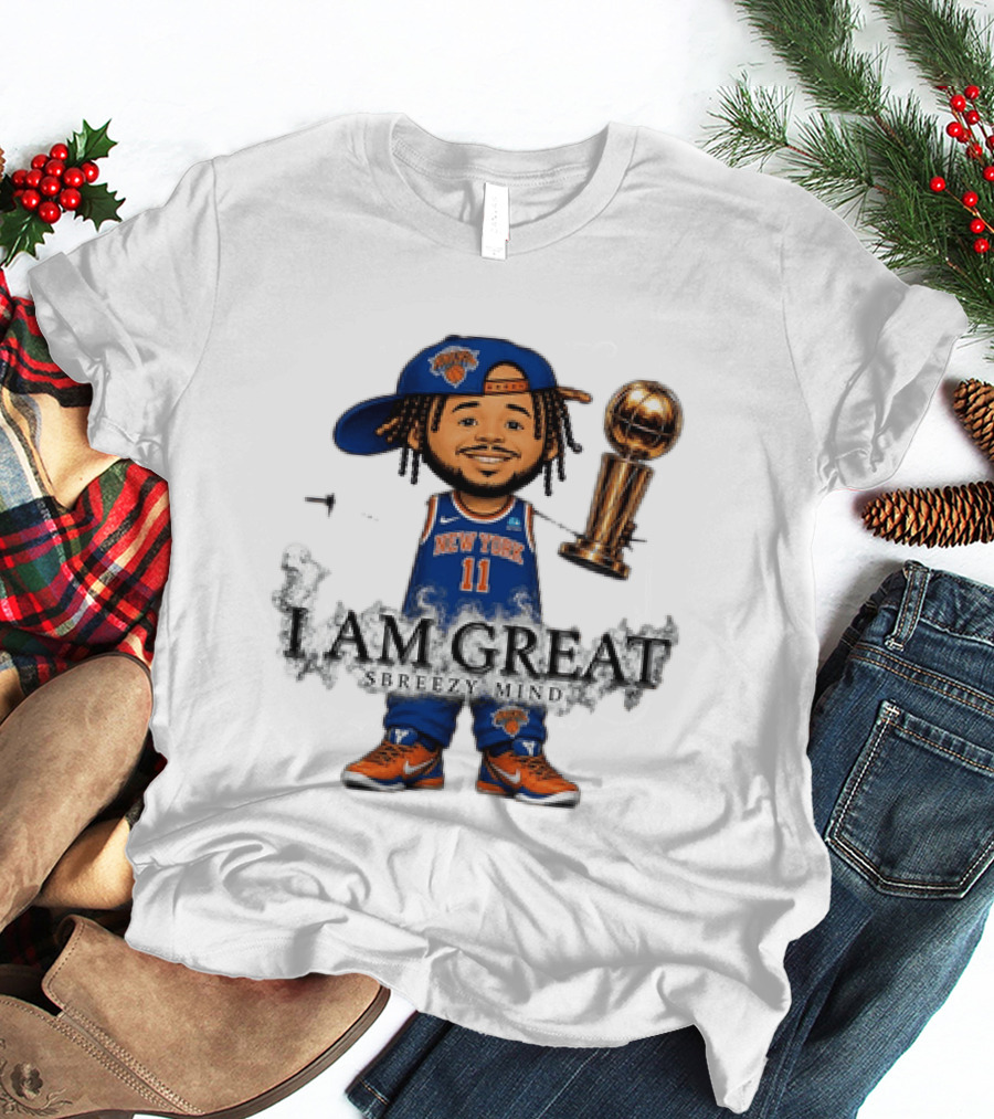 New York Knicks Jalen Brunson I Am Great Big Head Stick Hand Trophy T-Shirt
