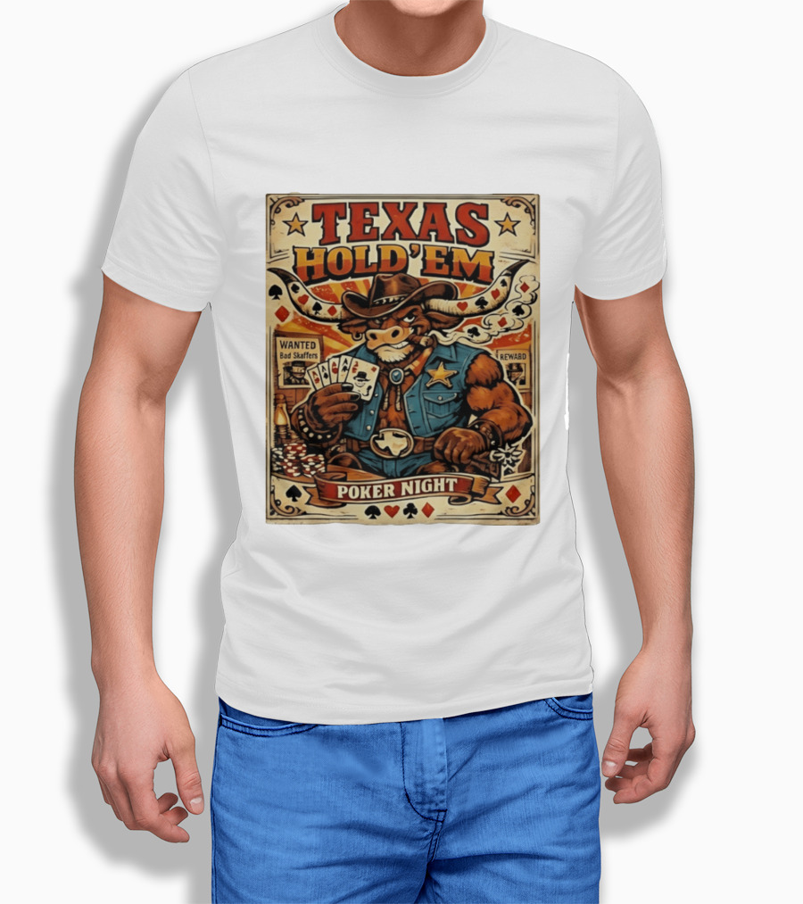 Texas Hold'em Poker Night Cowboy Bull Playing Cards Wanted Bad Skaffers T-Shirt