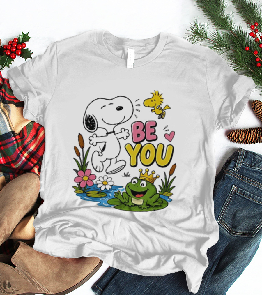 Snoopy And Woodstock Be You Frog Watercolor Flowers T-Shirt