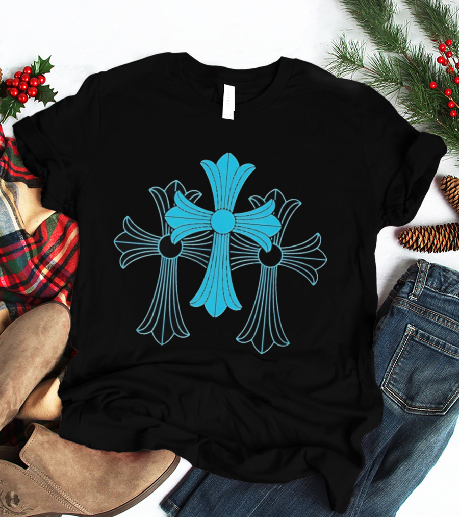 Blue Chrome Heart Cross Luxury Fashion Streetwear T-Shirt