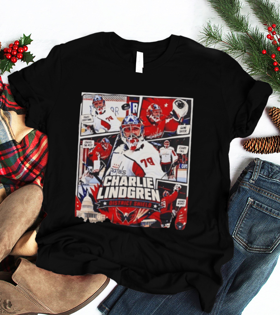 Charlie Lindgren Capitals District Shield Comic Style Hockey Action T-Shirt
