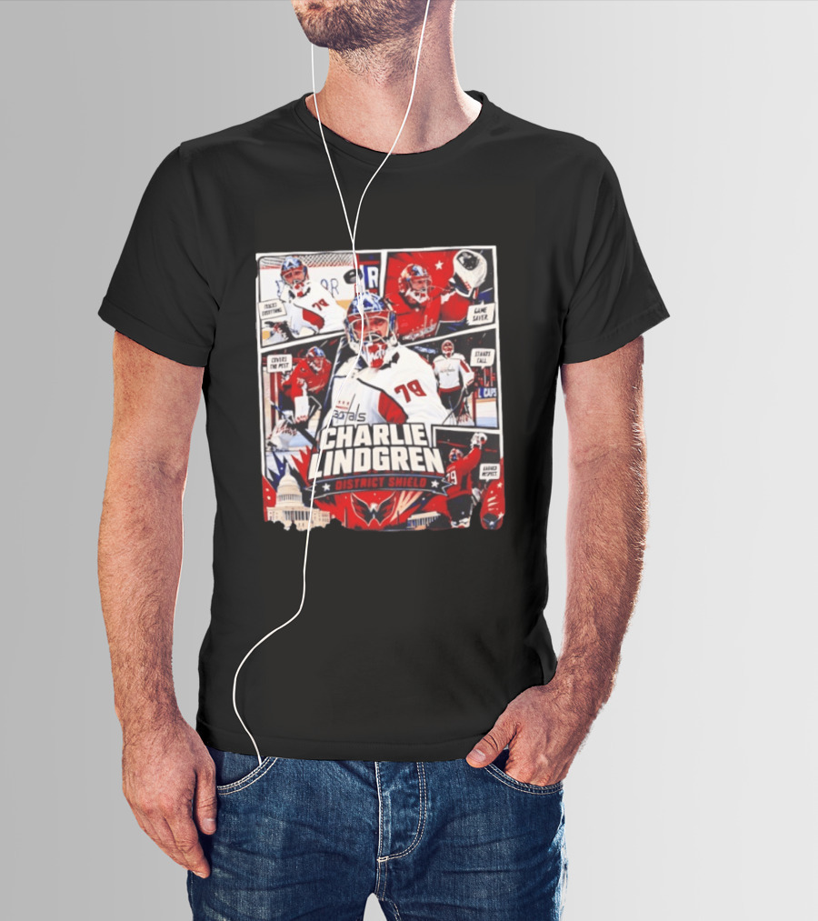 Charlie Lindgren Capitals District Shield Comic Style Hockey Action T-Shirt