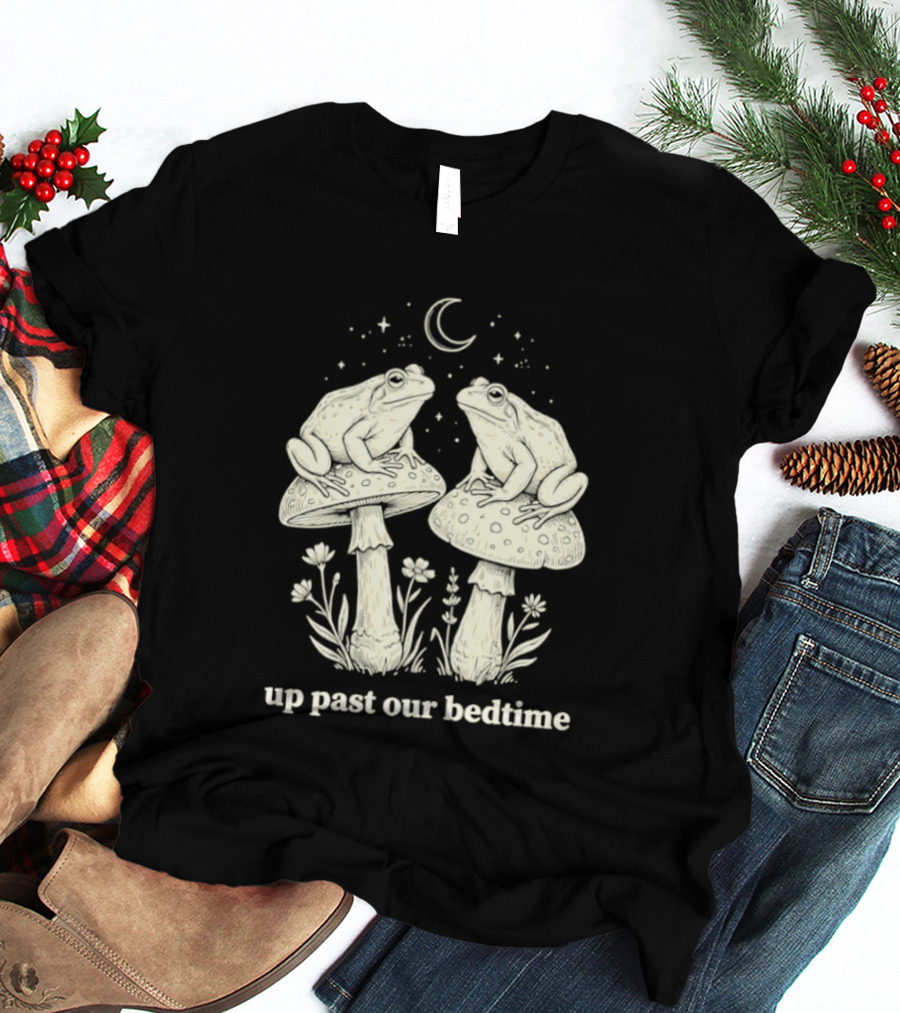 Two Frogs On Mushrooms Up Past Our Bedtime Night Sky Moon Stars T-Shirt