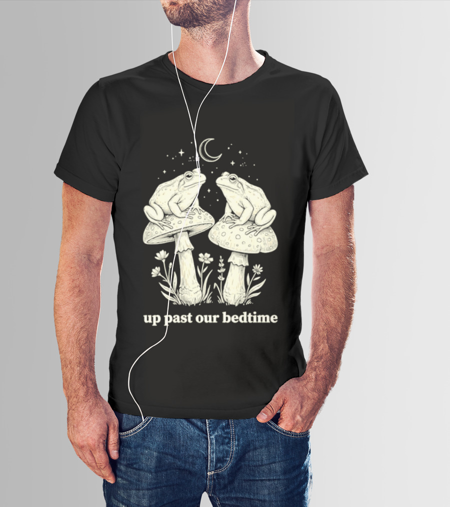 Two Frogs On Mushrooms Up Past Our Bedtime Night Sky Moon Stars T-Shirt