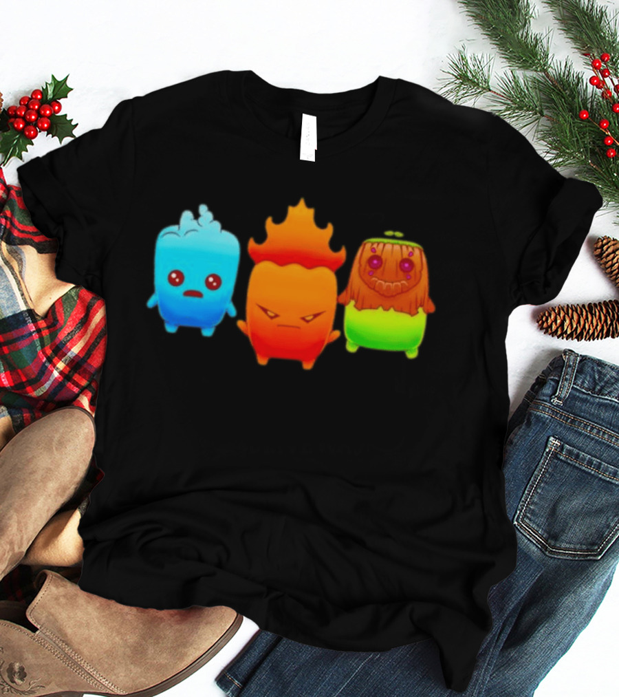 Water Fire And Earth Elemental Creatures Fireboy And Watergirl Cute Characters T-Shirt