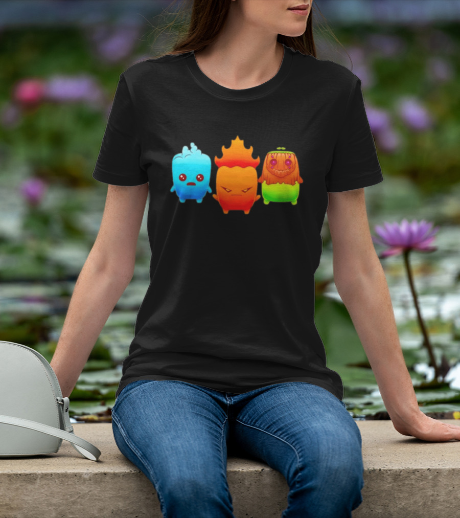 Water Fire And Earth Elemental Creatures Fireboy And Watergirl Cute Characters T-Shirt