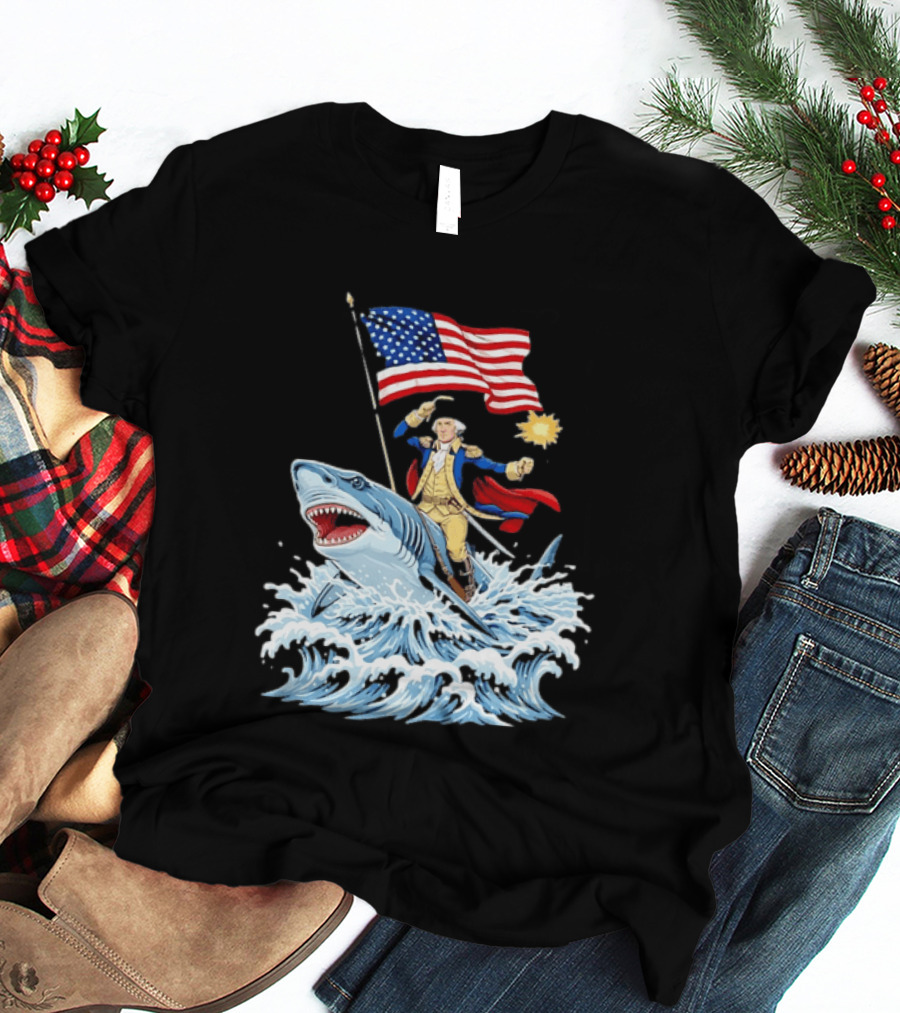 Shark Riding George Washington With American Flag Patriotic 4th Of July T-Shirt