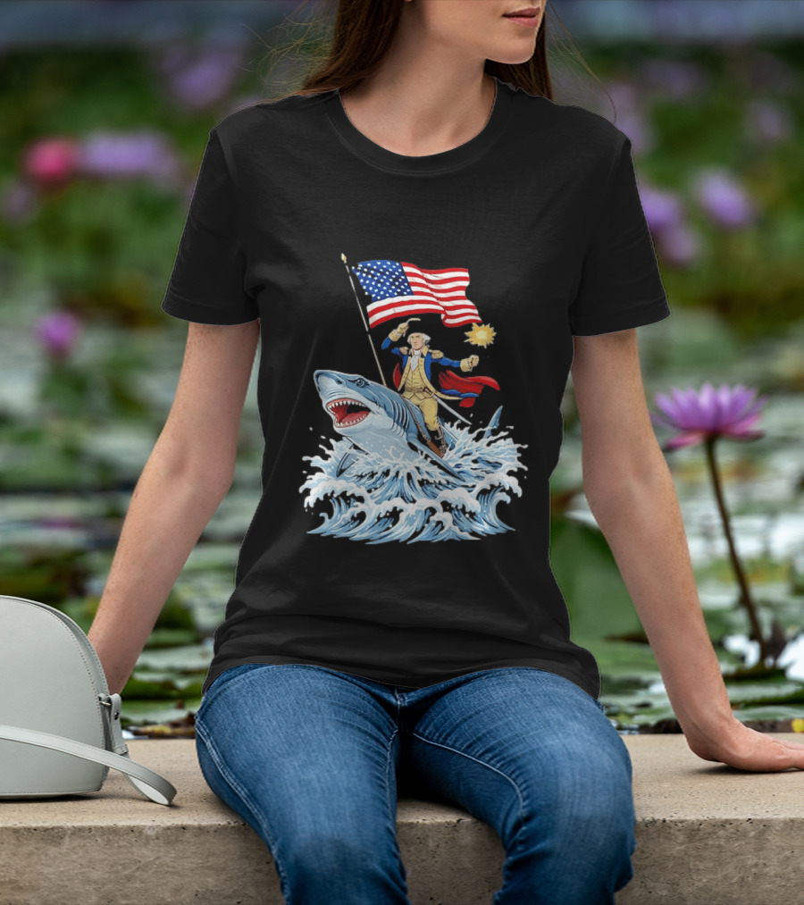 Shark Riding George Washington With American Flag Patriotic 4th Of July T-Shirt