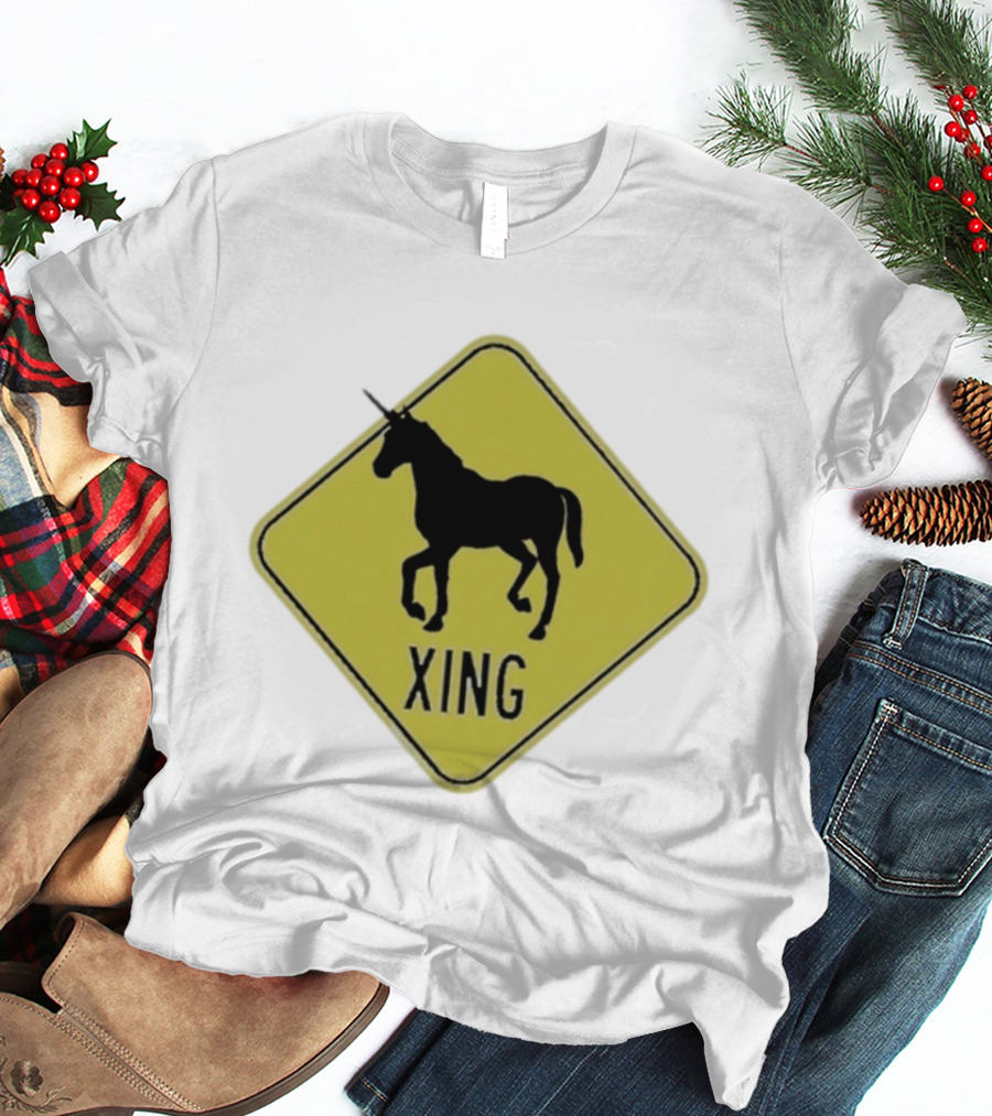 Unicorn Xing Mythical Creature Crosswalk Sign T-Shirt
