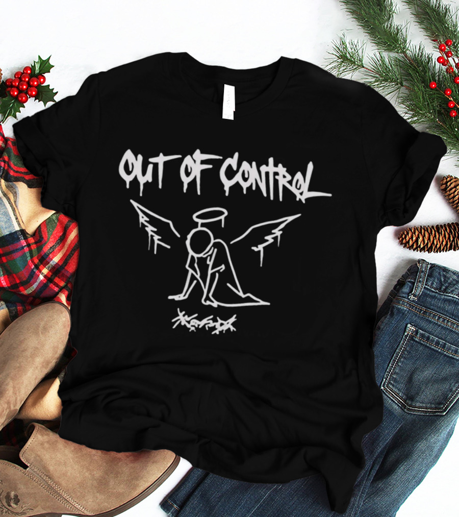 Out Of Control Angel Cowering Scribble White Outline Halo Wings T-Shirt