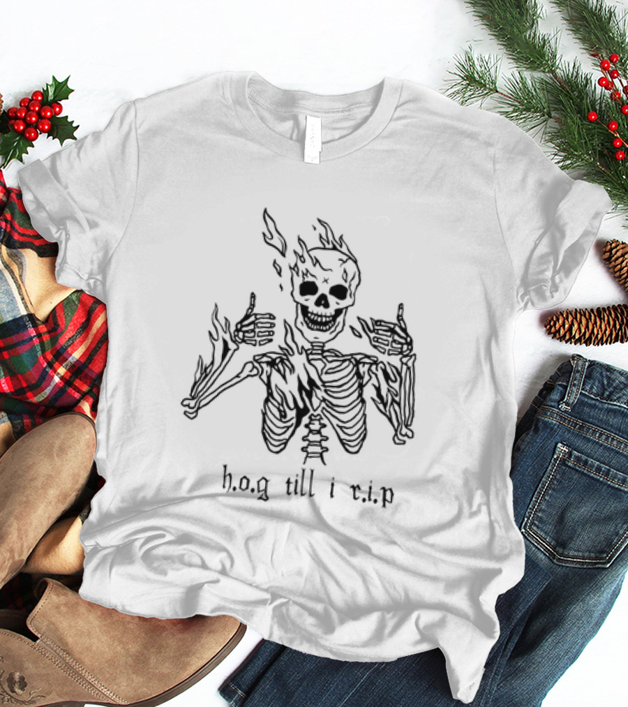 Hog Till I Rip Skeleton Flaming Skull Paint T-Shirt