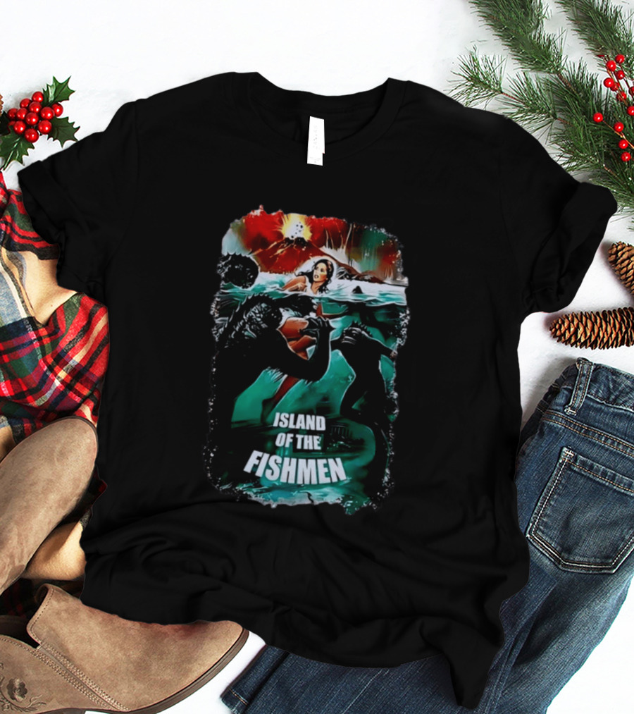 Island Of The Fishmen Vintage Movie Scene With Sea Monsters And Volcano T-Shirt