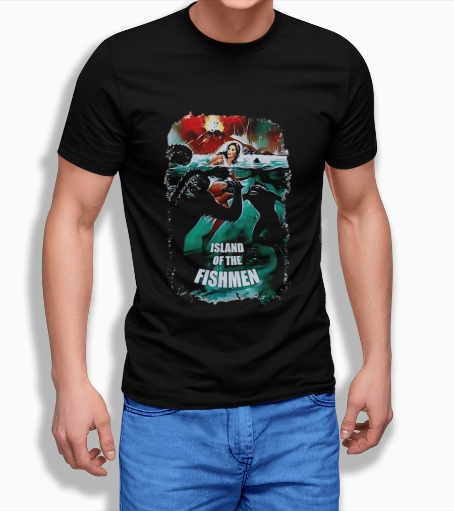 Island Of The Fishmen Vintage Movie Scene With Sea Monsters And Volcano T-Shirt