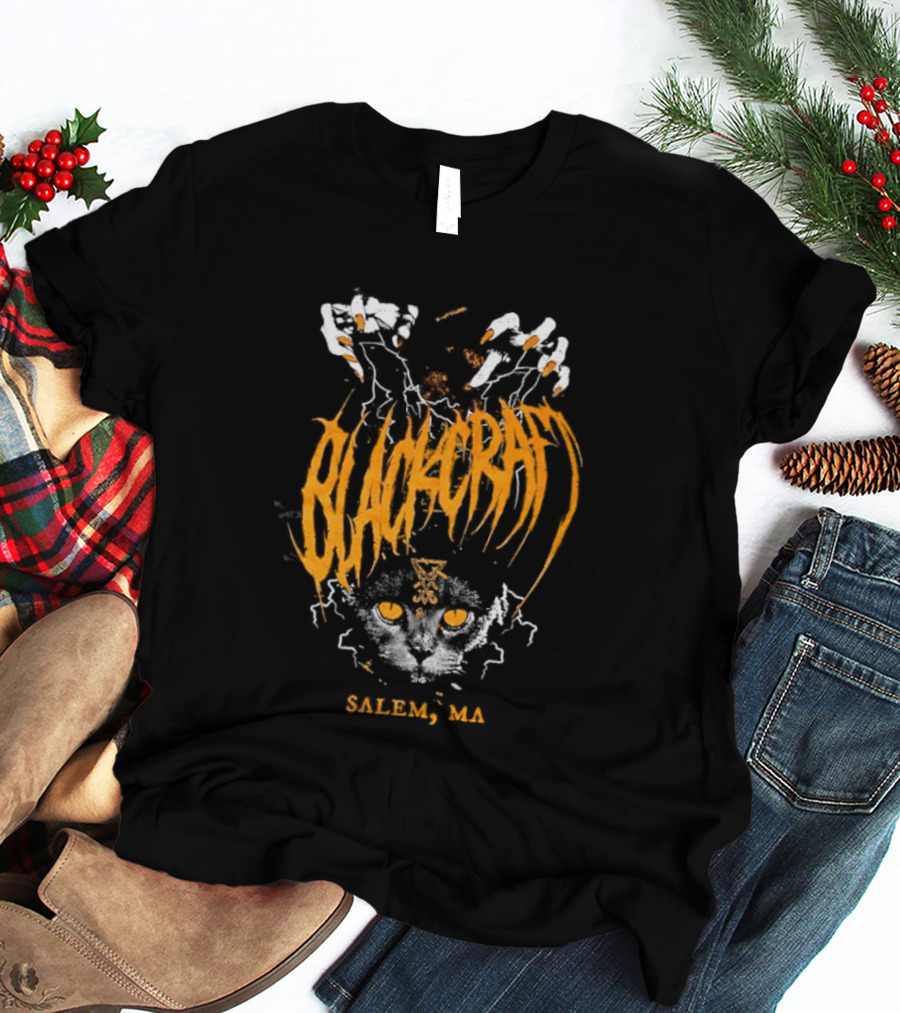 Blackcraft Salem MA Cat Occult Theme With Leviathan Cross T-Shirt