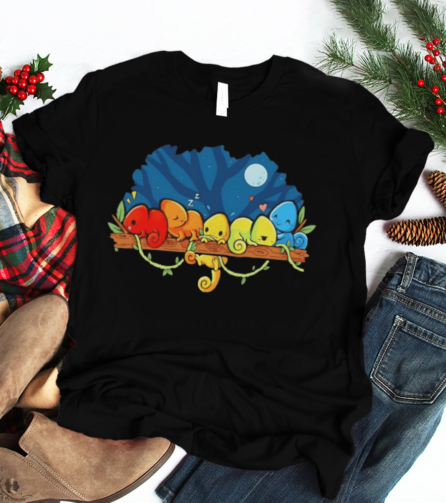 Colorful Chameleons Sitting On A Tree Branch Under Night Sky With Moon And Hearts T-Shirt
