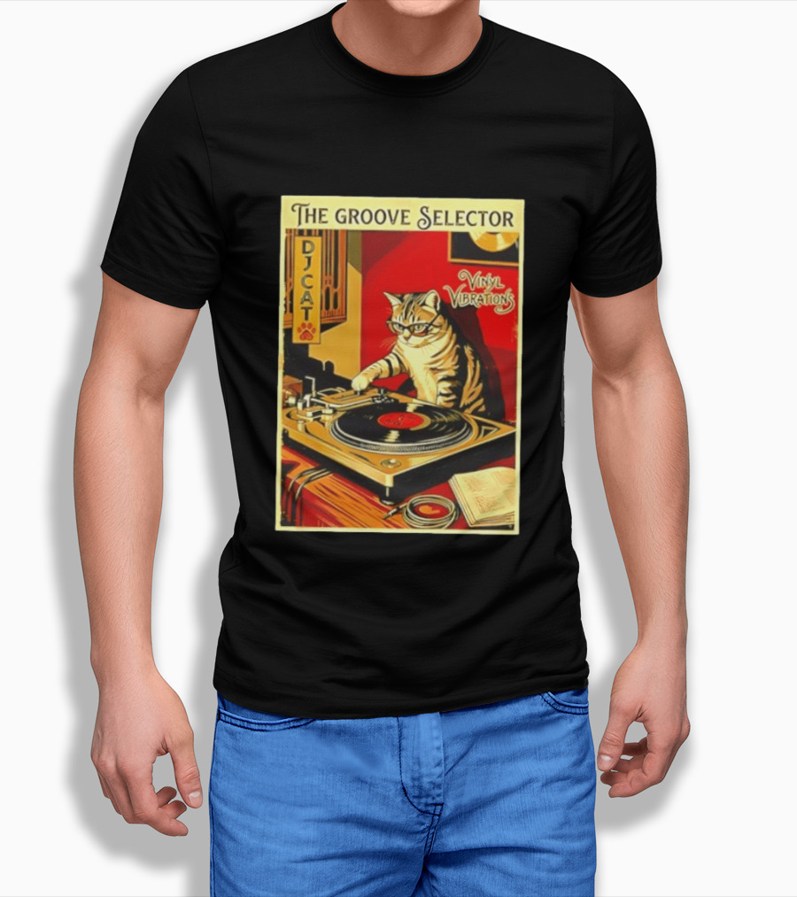 The Groove Selector DJ Cat Vinyl Vibrations Turntable Music Lover T-Shirt
