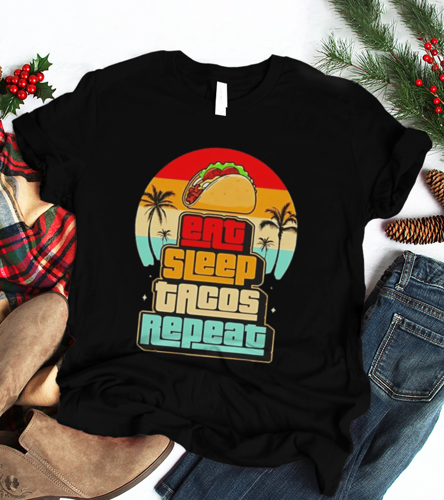 Eat Sleep Tacos Repeat Gaming Retro Sunset Palm Trees T-Shirt
