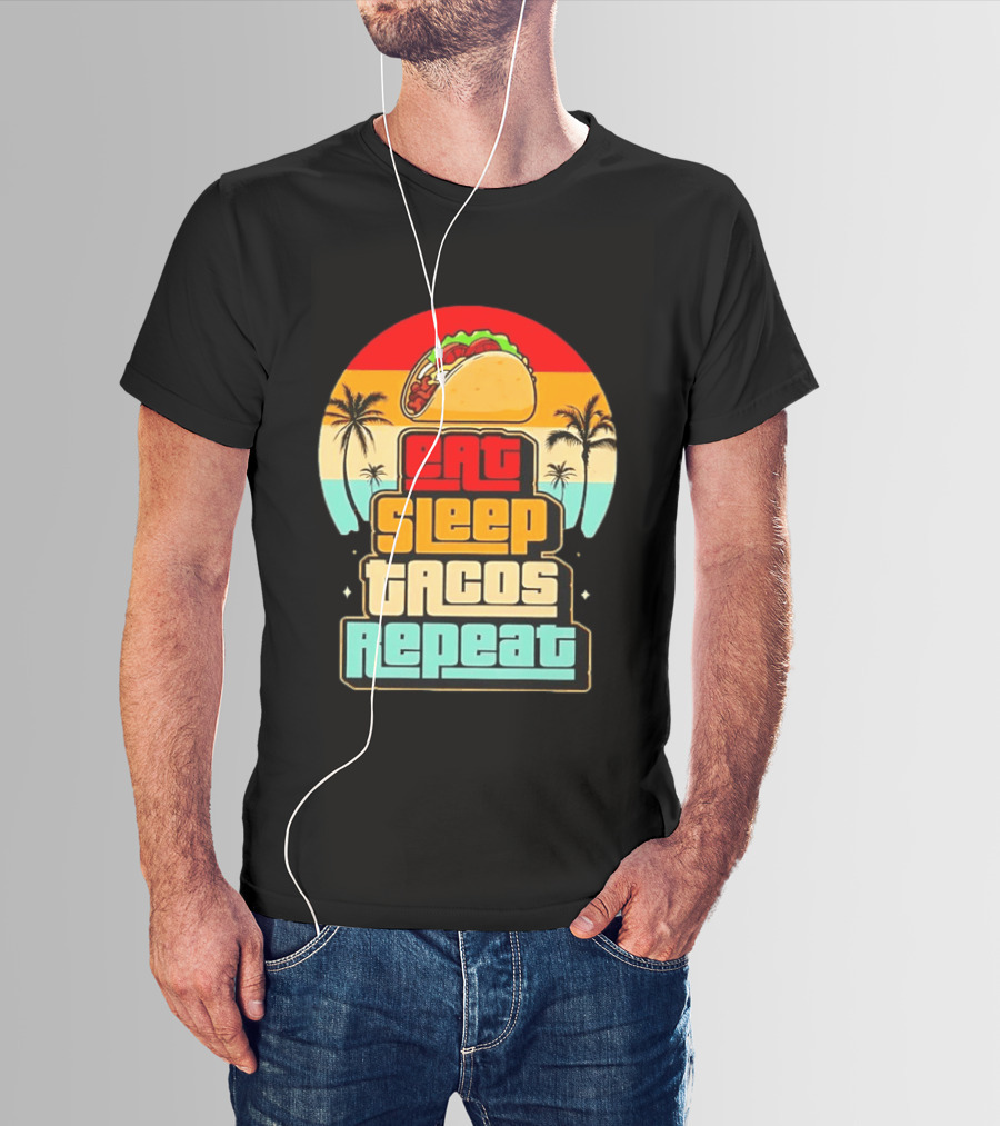 Eat Sleep Tacos Repeat Gaming Retro Sunset Palm Trees T-Shirt