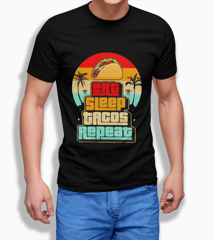 Eat Sleep Tacos Repeat Gaming Retro Sunset Palm Trees T-Shirt