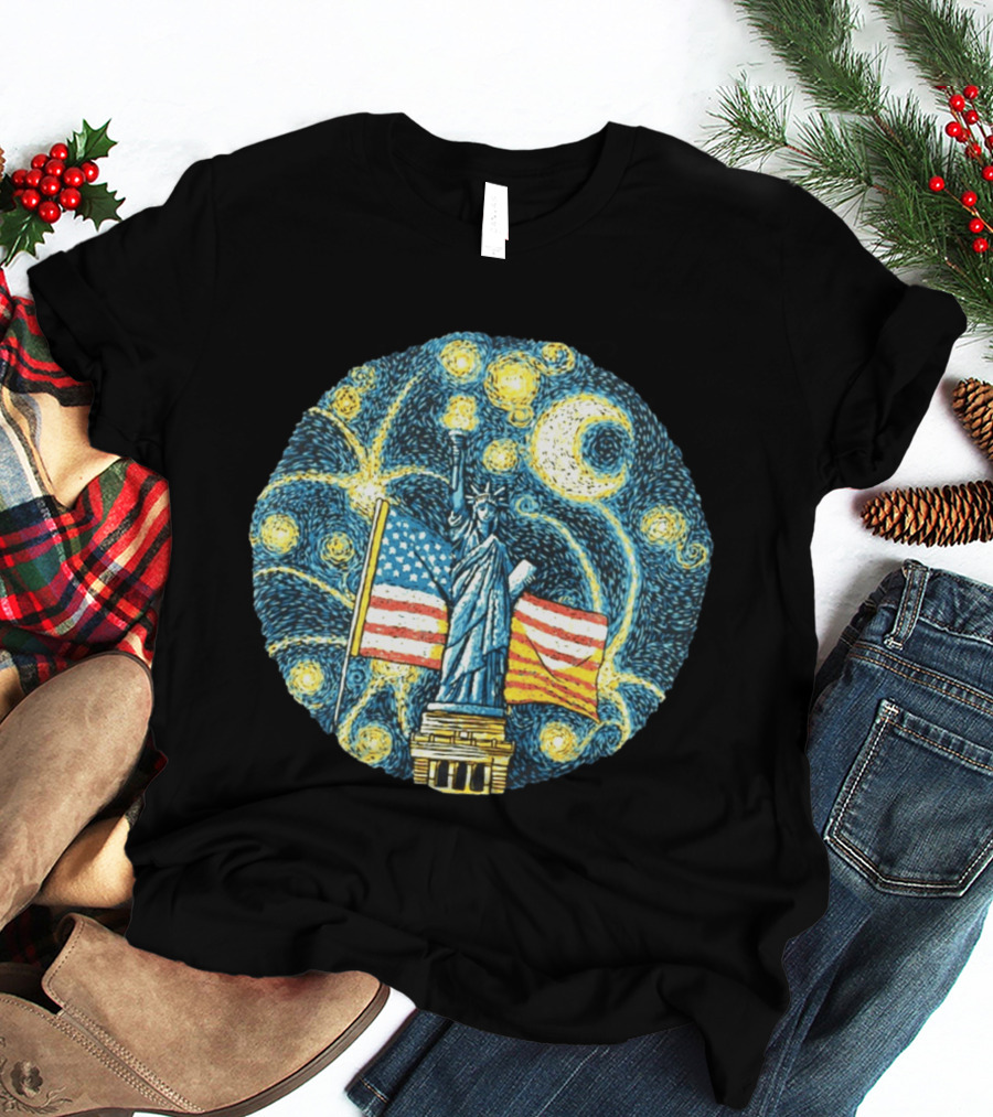Statue Of Liberty USA Flag Firework Starry Night T-Shirt