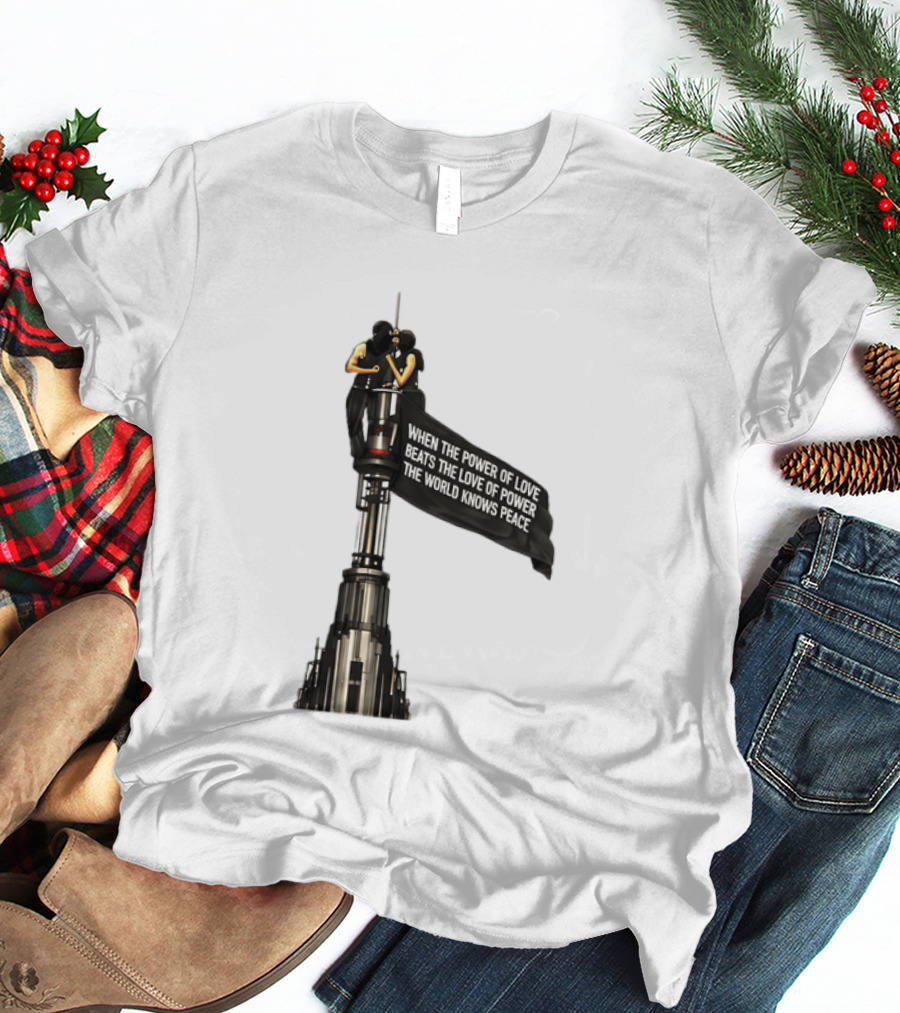 Angela Nikolau And Ivan Beerkus Love And Peace Flag On Empire State Building T-Shirt