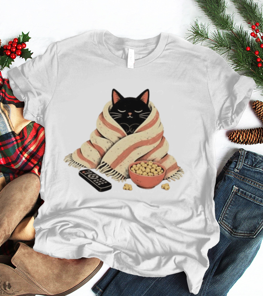 Cozy Black Cat Wrapped In Blanket With Popcorn And Remote T-Shirt