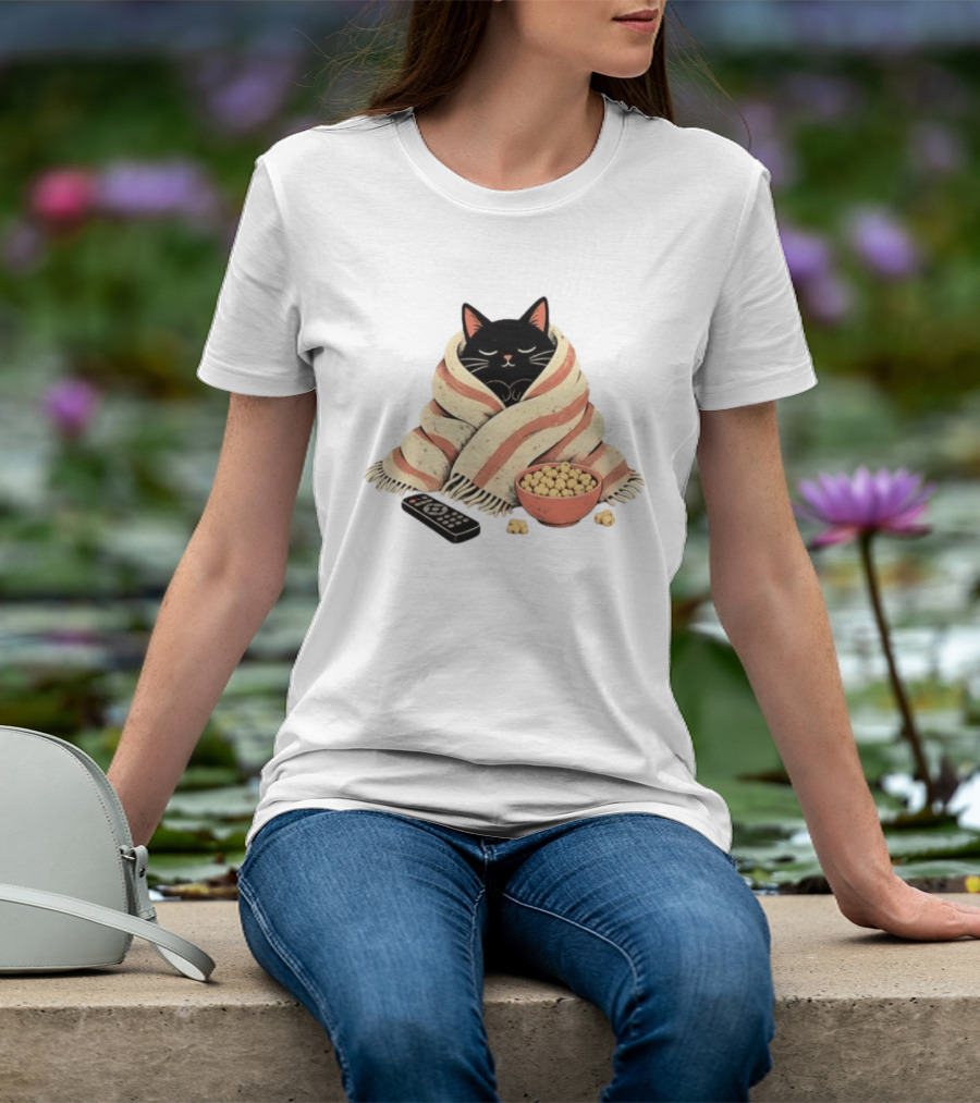 Cozy Black Cat Wrapped In Blanket With Popcorn And Remote T-Shirt
