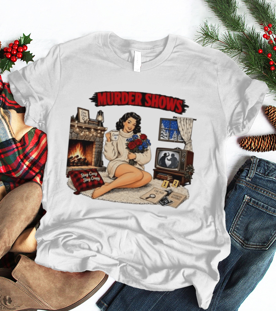 Murder Shows Cozy Creepy Mystery Scene With Fire, Roses, And Vintage TV T-Shirt