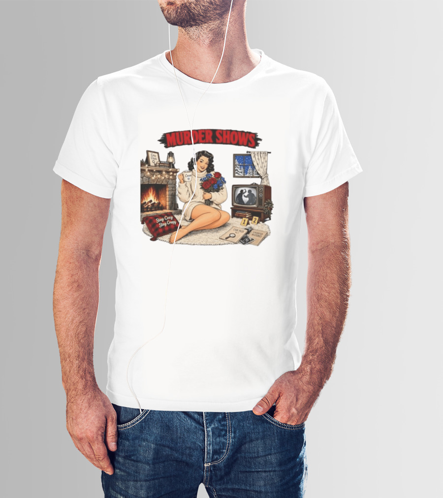Murder Shows Cozy Creepy Mystery Scene With Fire, Roses, And Vintage TV T-Shirt