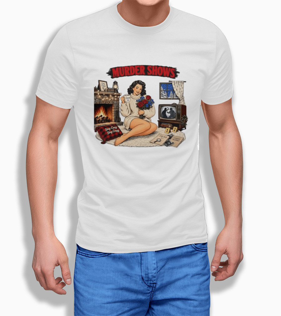 Murder Shows Cozy Creepy Mystery Scene With Fire, Roses, And Vintage TV T-Shirt