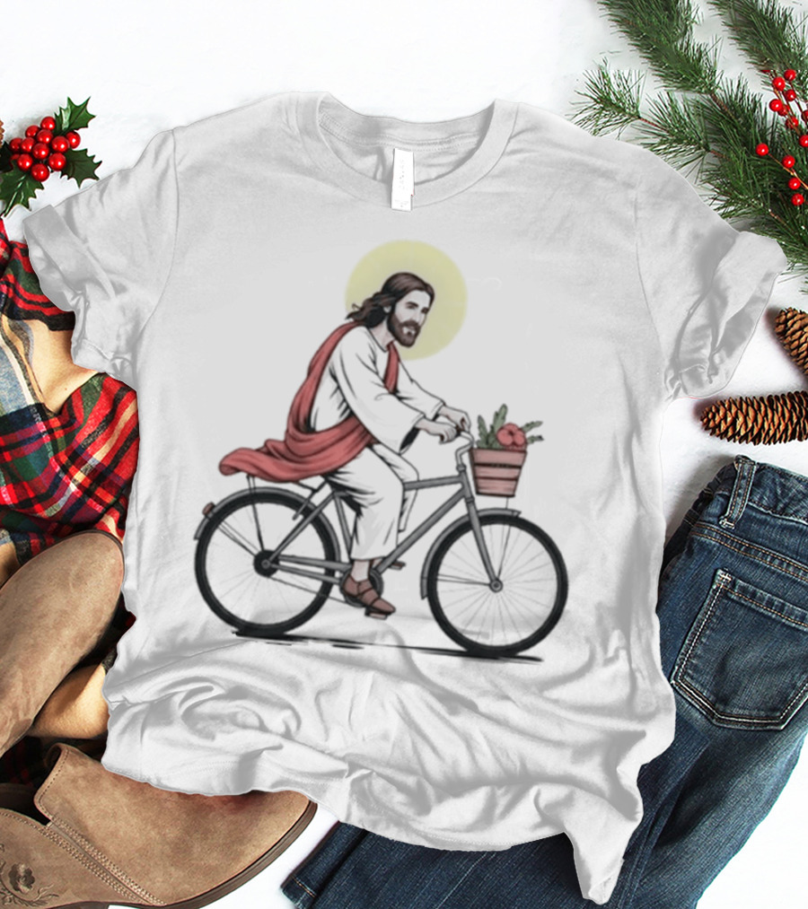 Christ On A Bike British Slang Jesus Cycling With Halo And Groceries T-Shirt
