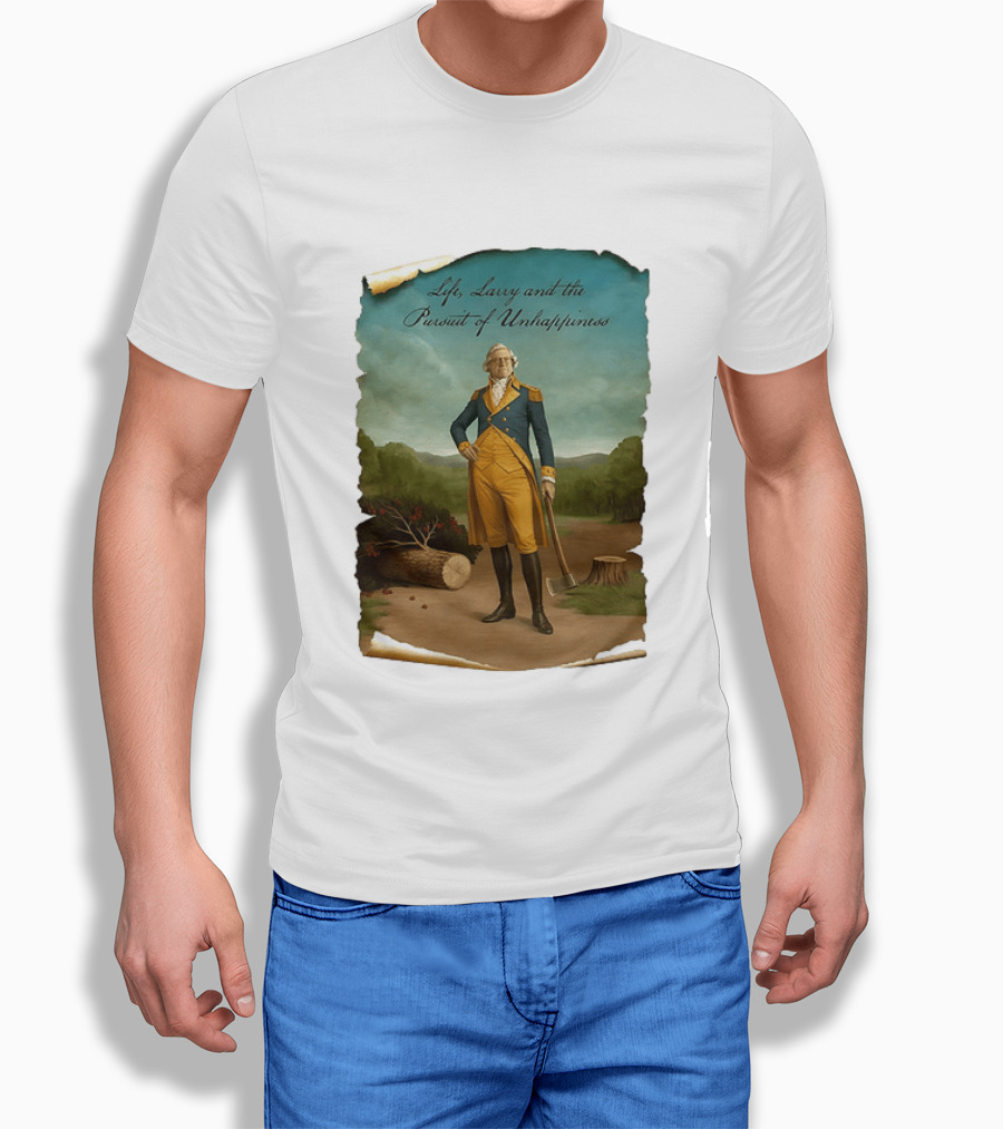 Life Larry And The Pursuit Of Unhappiness Larry As Washington Holding Axe Near Tree Stump T-Shirt