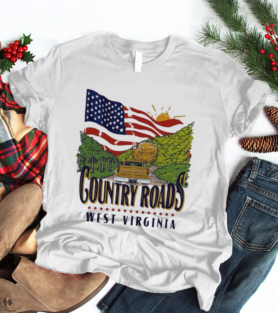 Country Roads West Virginia American USA Flag Vintage Truck Scenic Route T-Shirt