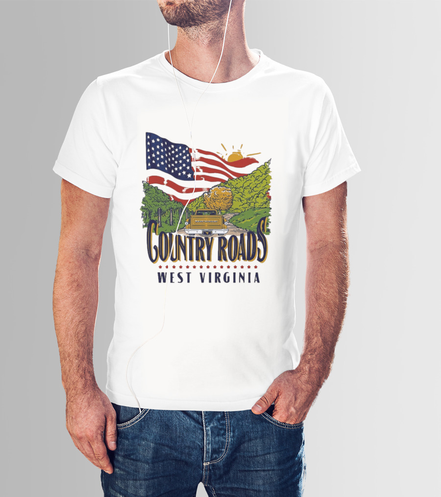 Country Roads West Virginia American USA Flag Vintage Truck Scenic Route T-Shirt