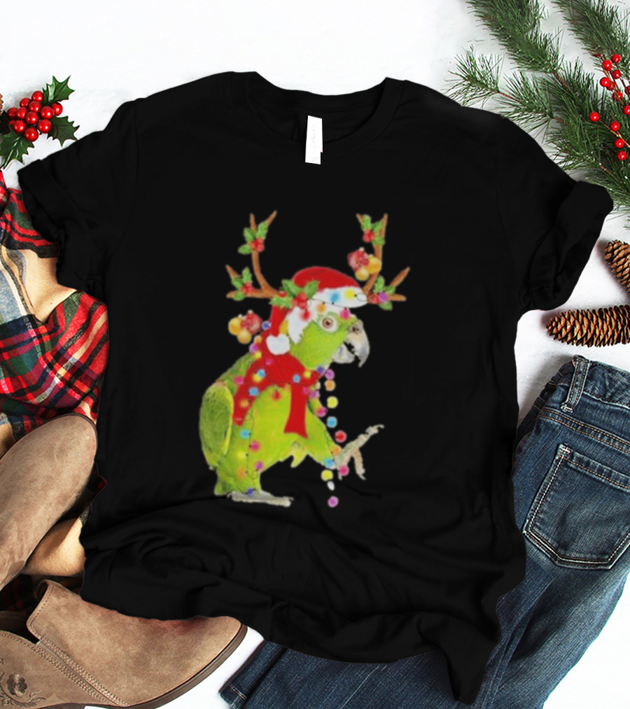 Festive Parrot Wearing Santa Hat And Reindeer Antlers T-Shirt