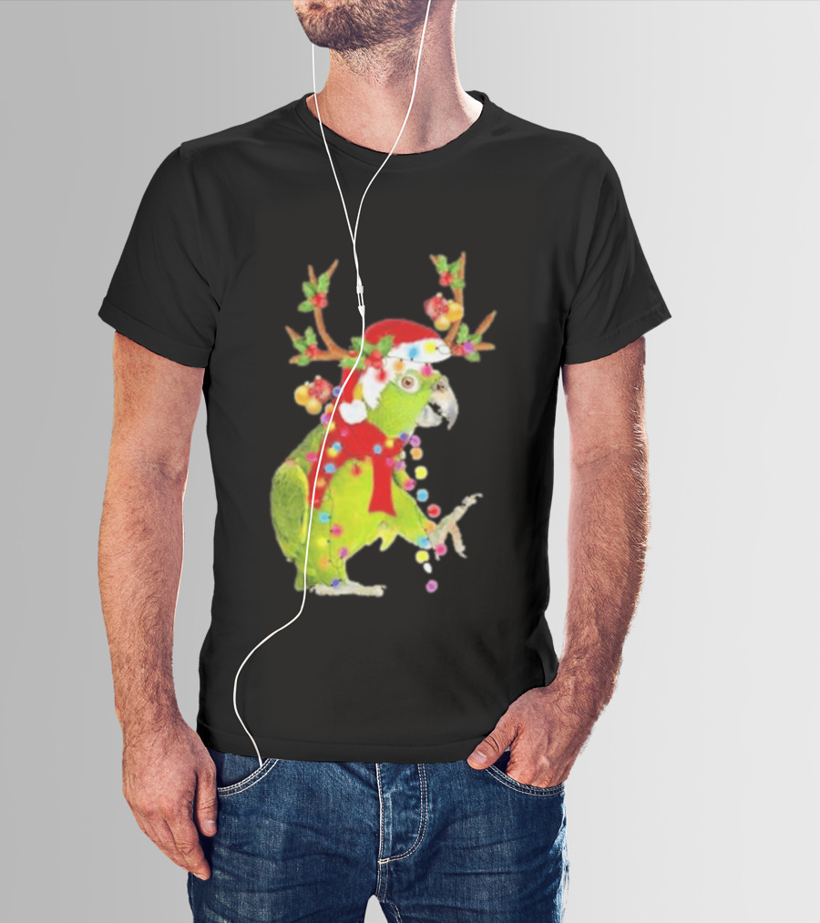 Festive Parrot Wearing Santa Hat And Reindeer Antlers T-Shirt