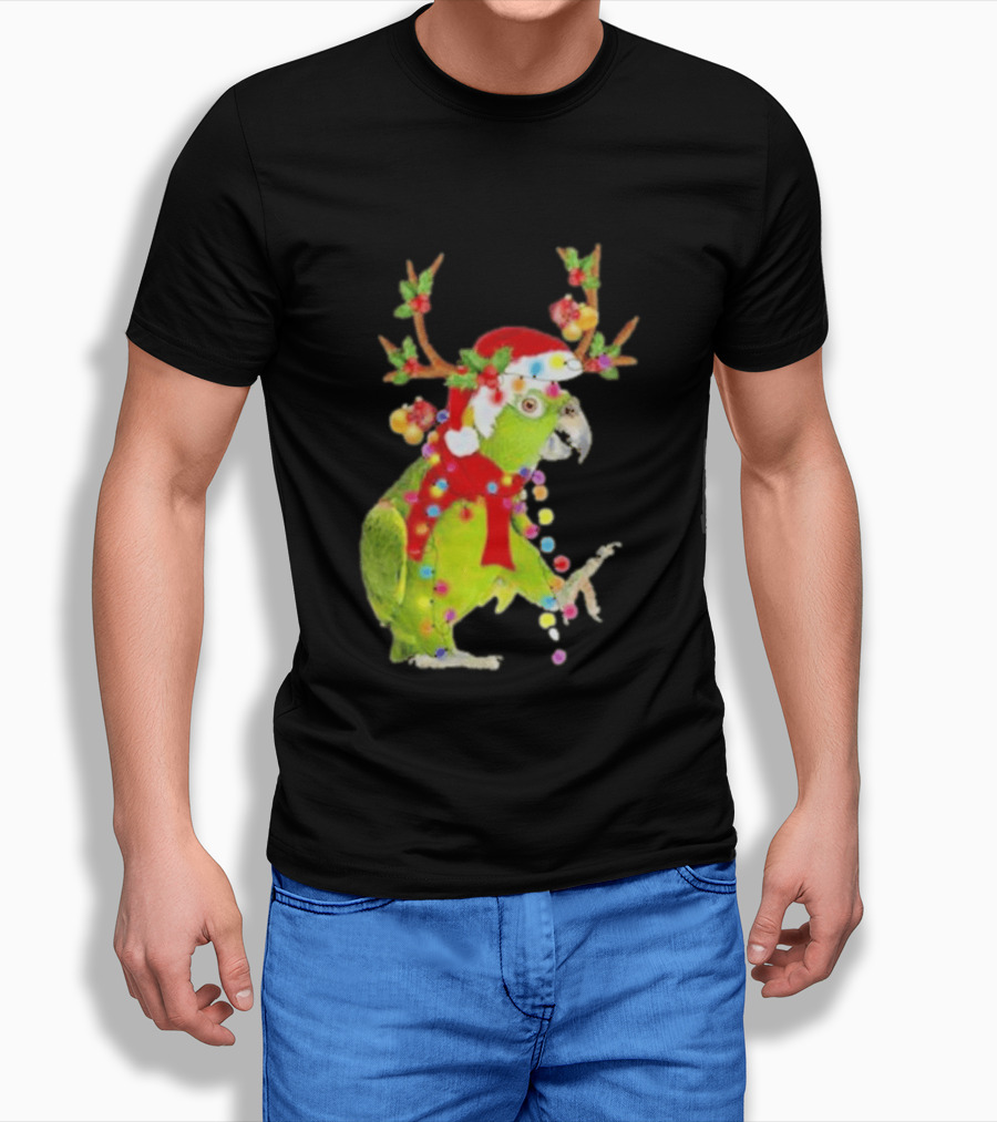 Festive Parrot Wearing Santa Hat And Reindeer Antlers T-Shirt
