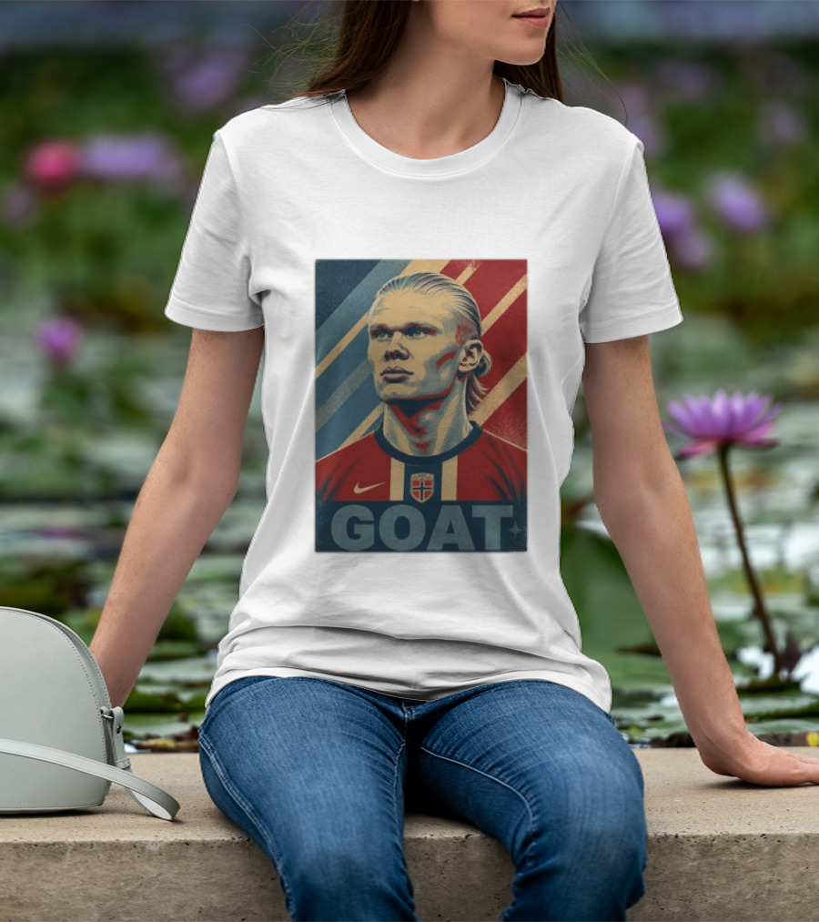 Erling Haaland G.O.A.T Norway Soccer Legend Iconic Red Blue Stripes T-Shirt