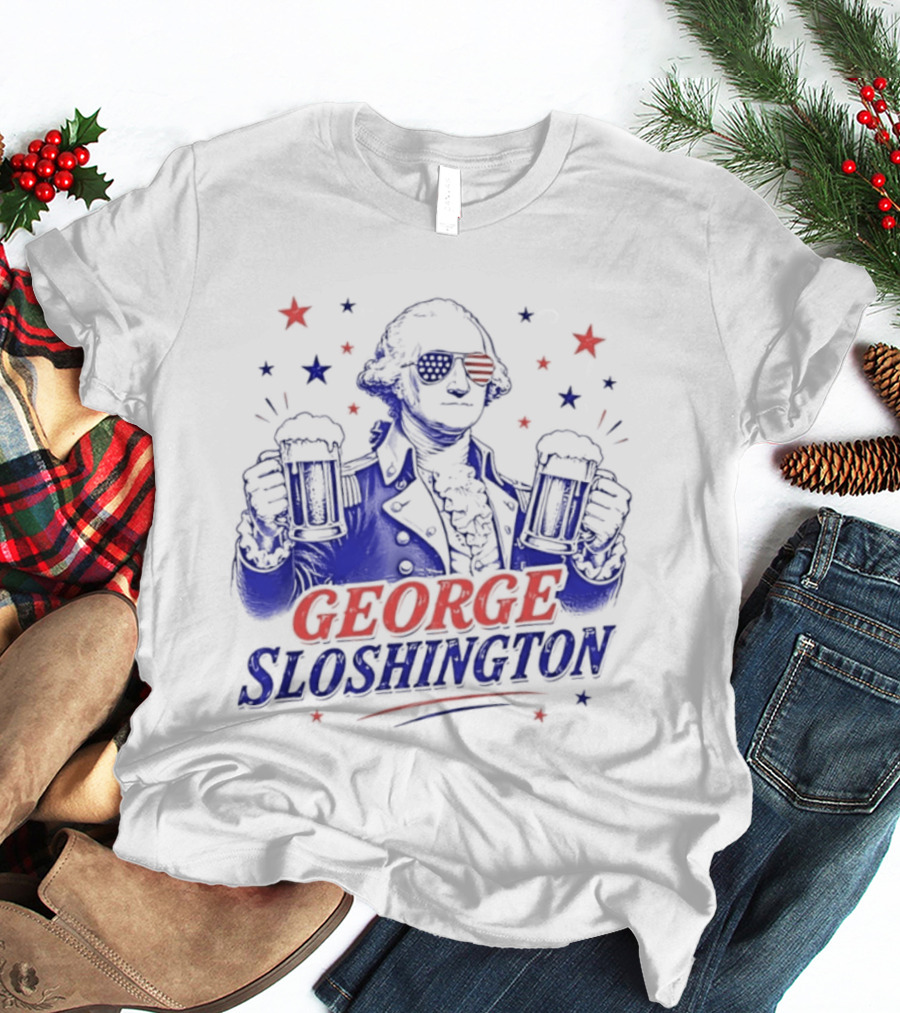 GEORGE SLOSHINGTON Party Patriot Drinking Beer Red White Blue Stars T-Shirt