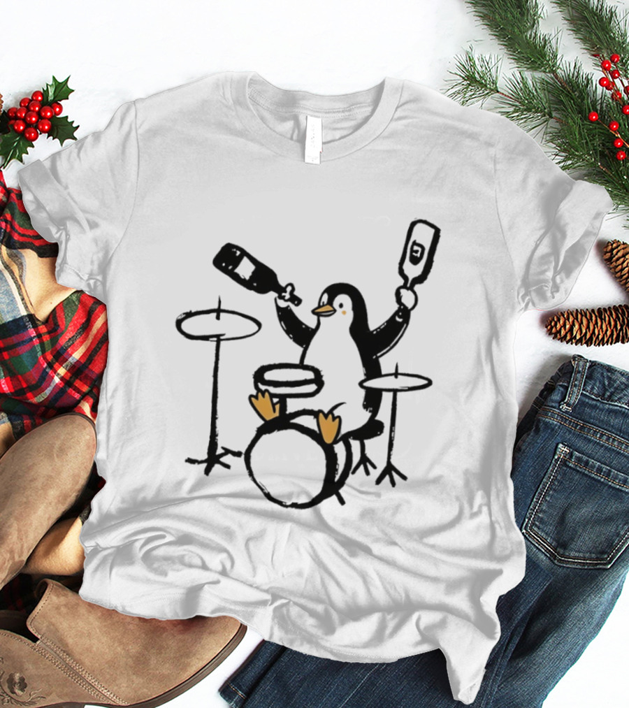 Penguin Playing Drums Drinking Wine With Bottle T-Shirt