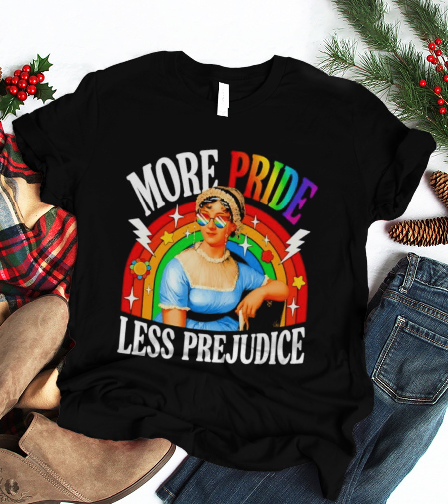 More Pride Less Prejudice LGBTQ Rainbow Heart Jane Austen Pride Month T-Shirt
