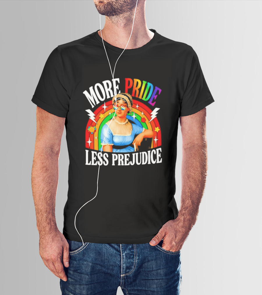 More Pride Less Prejudice LGBTQ Rainbow Heart Jane Austen Pride Month T-Shirt
